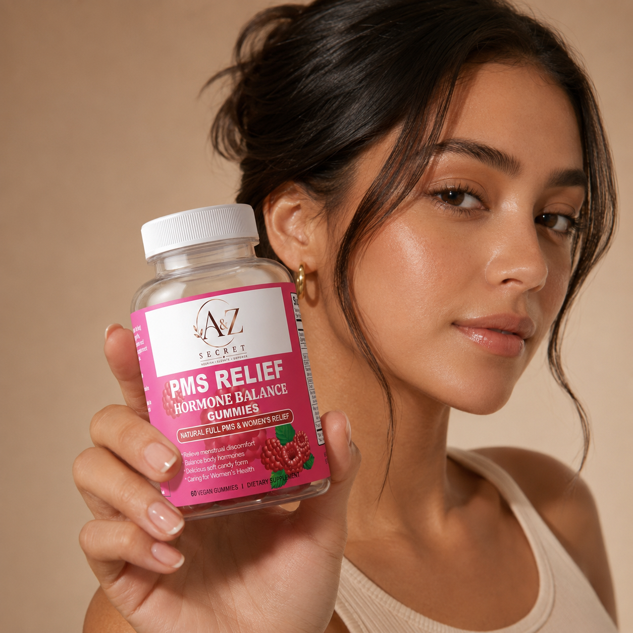 Woman with radiant skin holding A&Z Secret supplement