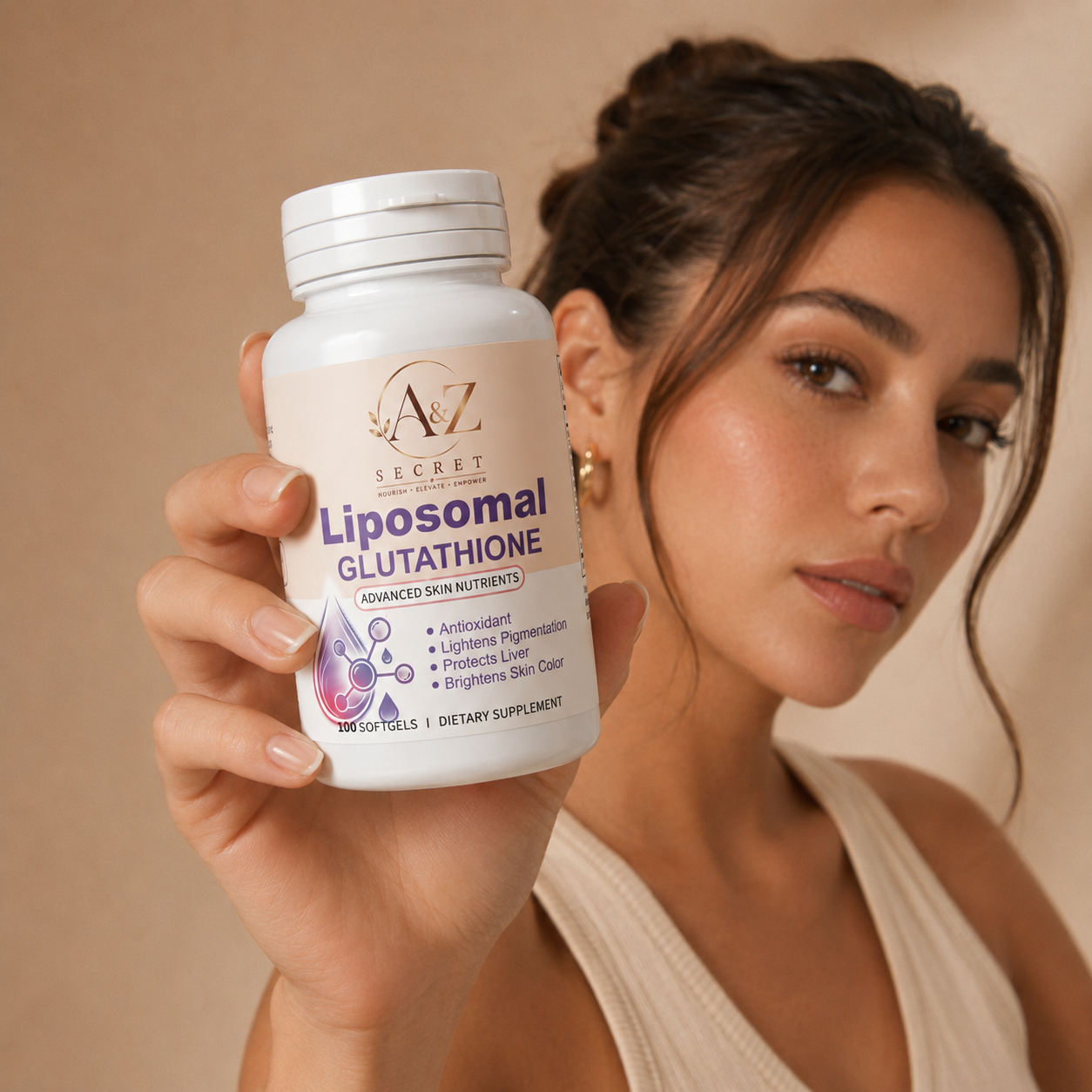 Woman with radiant skin holding A&Z Secret supplement