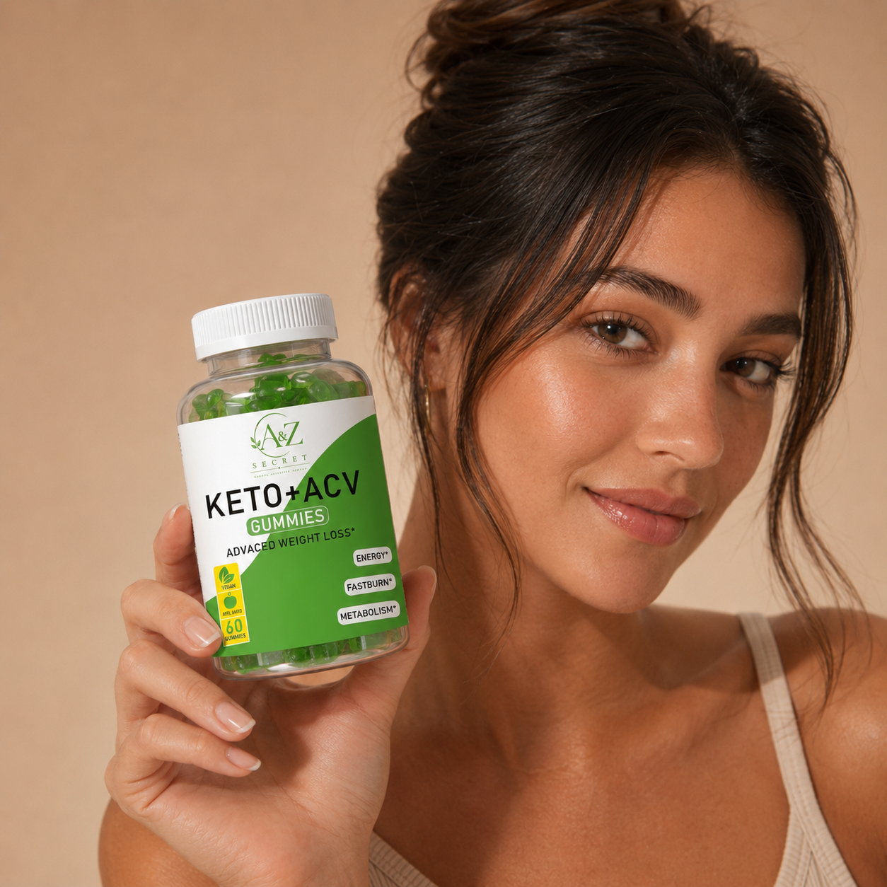 Woman with radiant skin holding A&Z Secret supplement