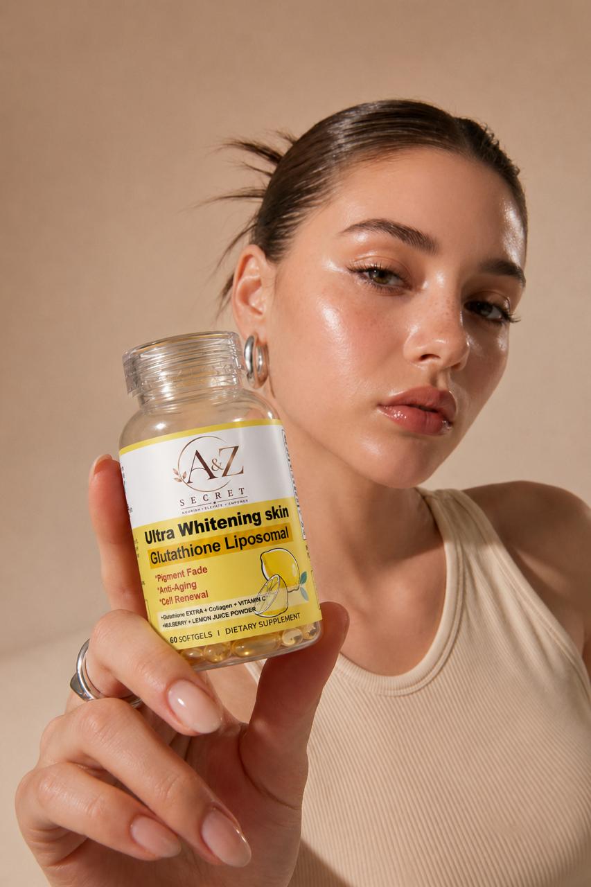 Woman with radiant skin holding A&Z Secret supplement